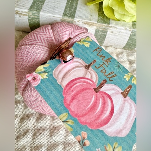 New Halloween Autumn Pink Fall Herringbone Fabric Pumpkin w/ Tag & Bell - 3.25" - Picture 3 of 7